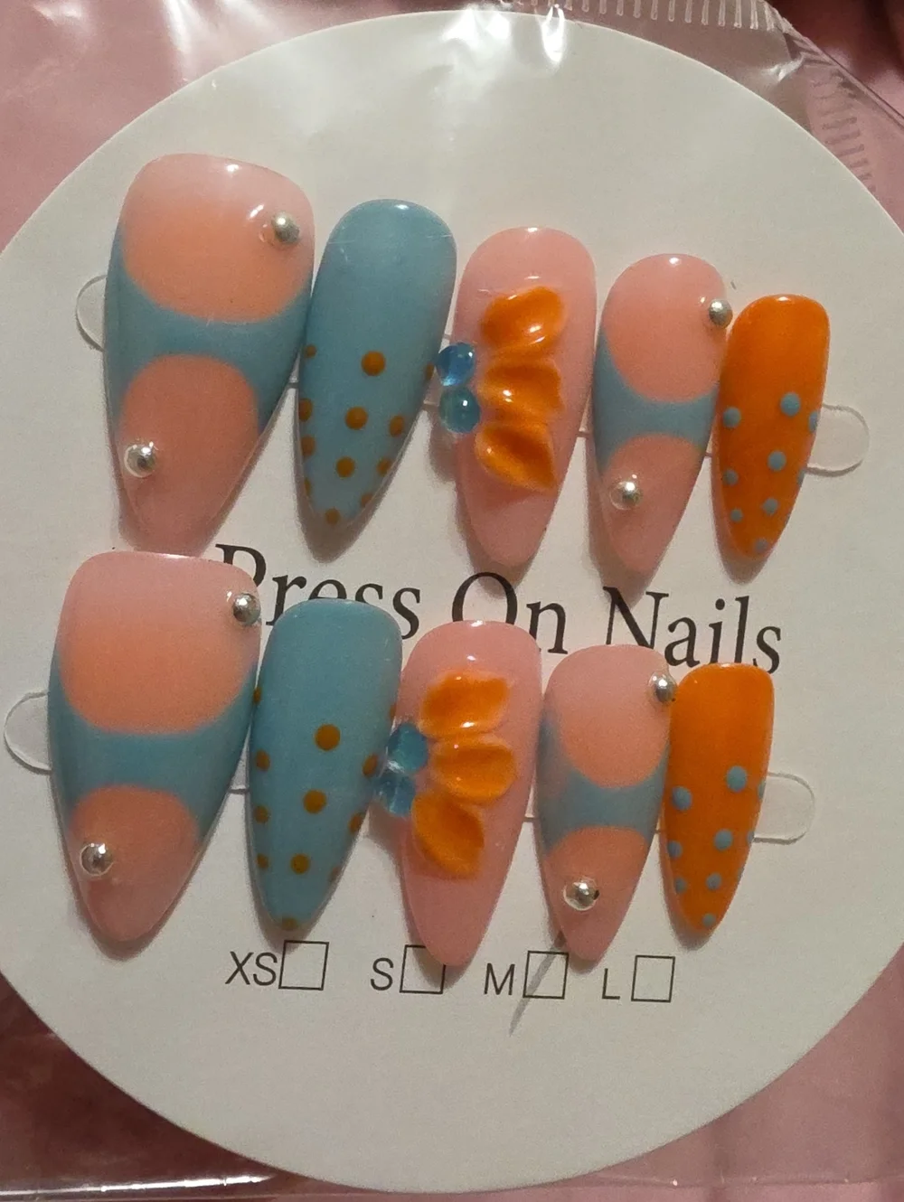 Press On Nails - Pink Blue Orange Floral Accent Set